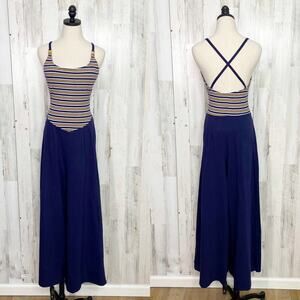 Vintage Sessa Nautical Jumpsuit Blue Striped Wide Leg Coastal Granny Size L